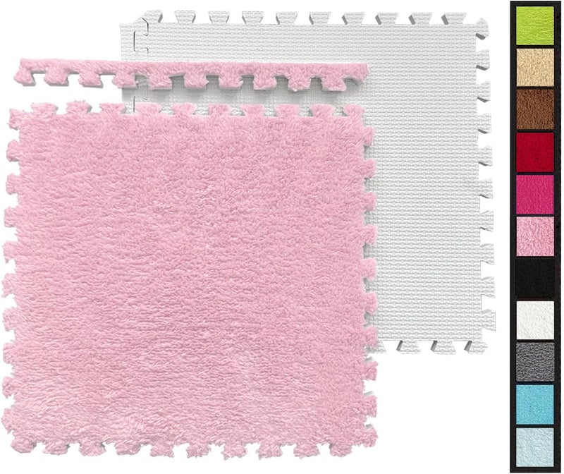 HUIDUO 16 Pcs Kids Foam Interlocking Carpet Tiles with Border, Thick Carpet Squares Plush Floor Playmats Baby Crawling Rug - 49" x 49" (Pink, 16 Tiles) - Image 1